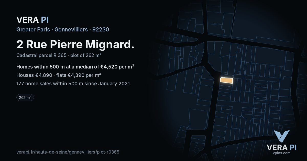 2 Rue Pierre Mignard, Gennevilliers at night – the plot lit, the parcels around coloured by the prices near them