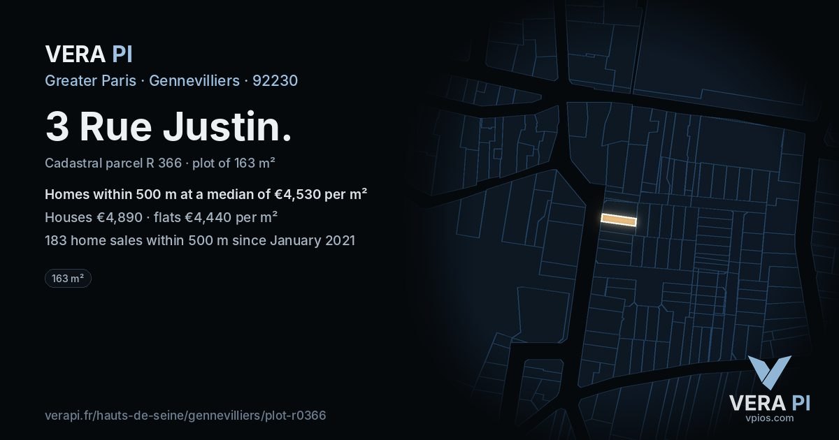 3 Rue Justin, Gennevilliers at night – the plot lit, the parcels around coloured by the prices near them