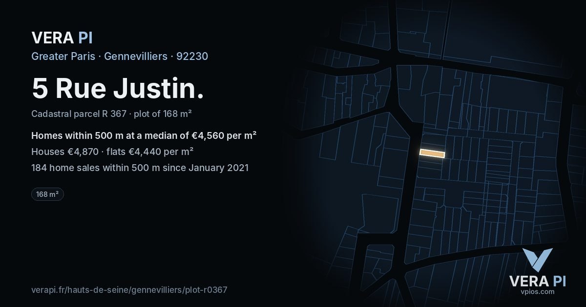 5 Rue Justin, Gennevilliers at night – the plot lit, the parcels around coloured by the prices near them
