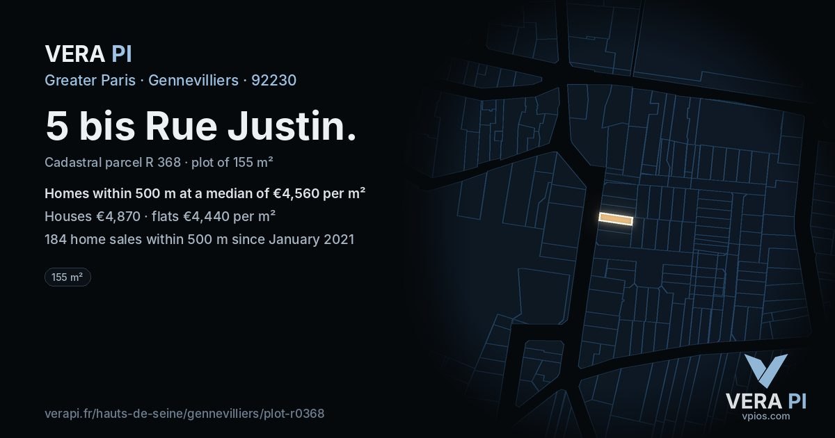 5 bis Rue Justin, Gennevilliers at night – the plot lit, the parcels around coloured by the prices near them