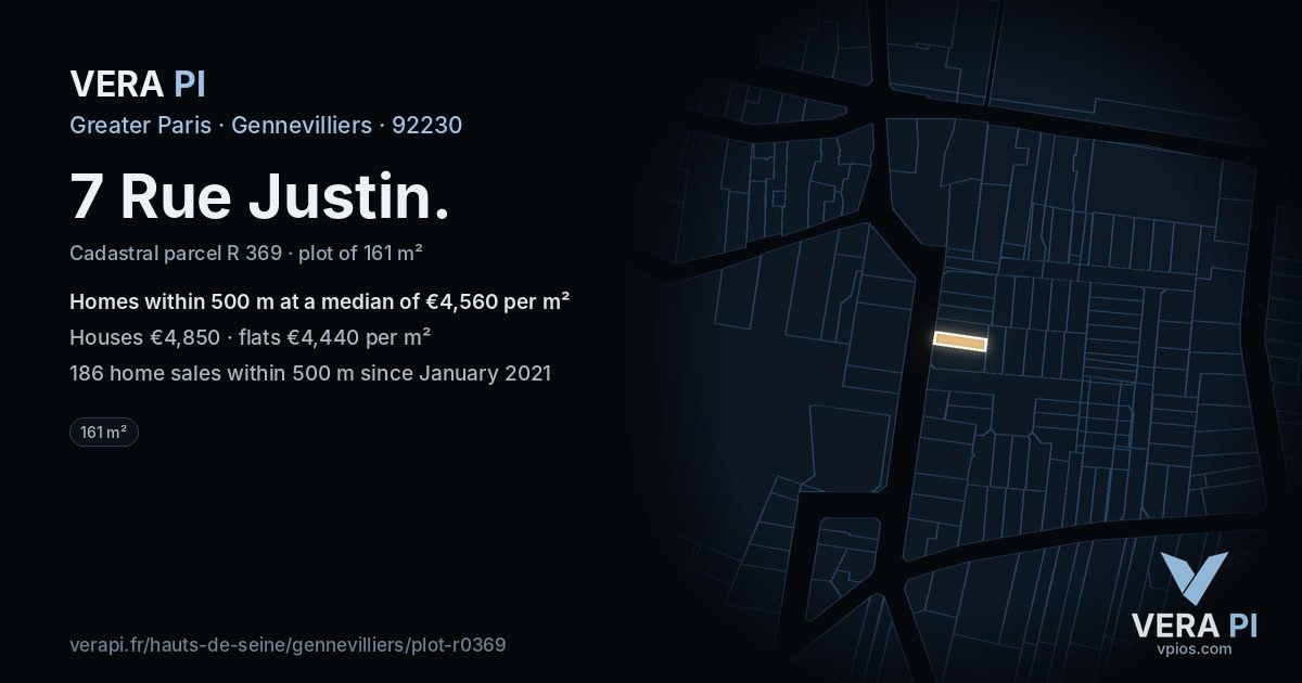 7 Rue Justin, Gennevilliers at night – the plot lit, the parcels around coloured by the prices near them