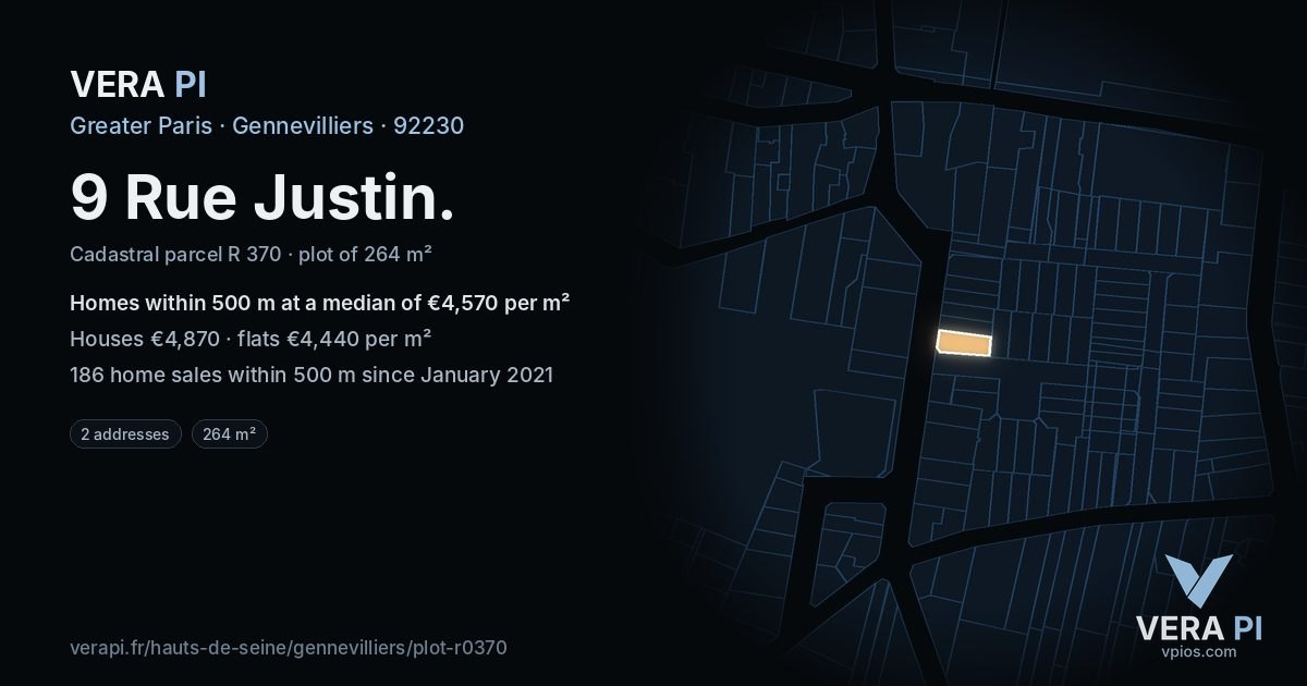 9 Rue Justin, Gennevilliers at night – the plot lit, the parcels around coloured by the prices near them