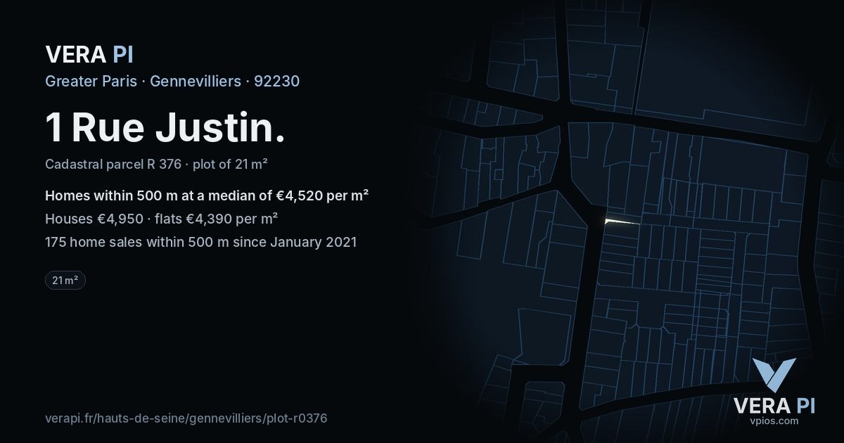 1 Rue Justin, Gennevilliers at night – the plot lit, the parcels around coloured by the prices near them
