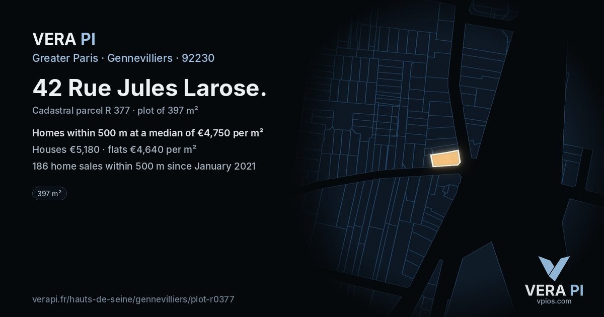 42 Rue Jules Larose, Gennevilliers at night – the plot lit, the parcels around coloured by the prices near them