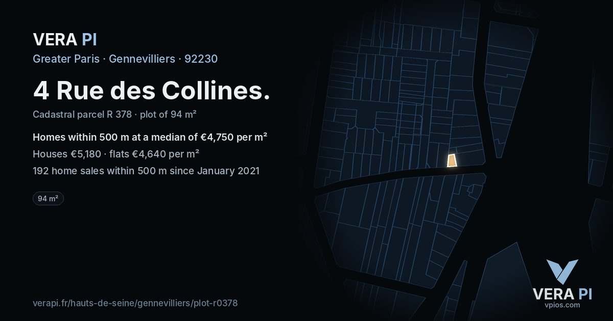 4 Rue des Collines, Gennevilliers at night – the plot lit, the parcels around coloured by the prices near them