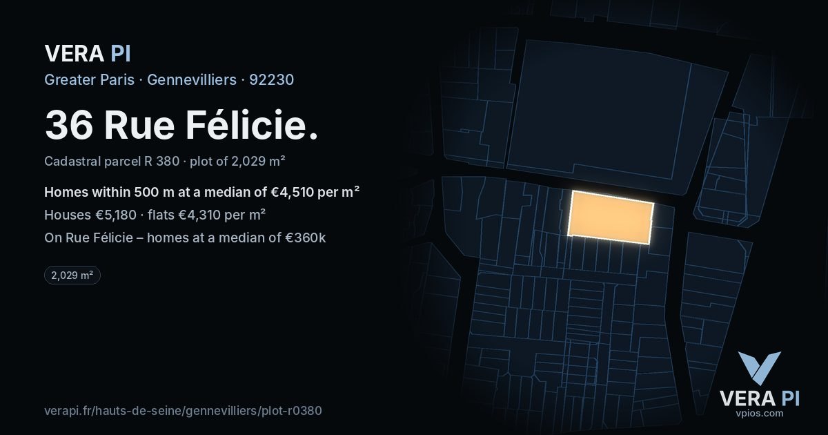 36 Rue Félicie, Gennevilliers at night – the plot lit, the parcels around coloured by the prices near them