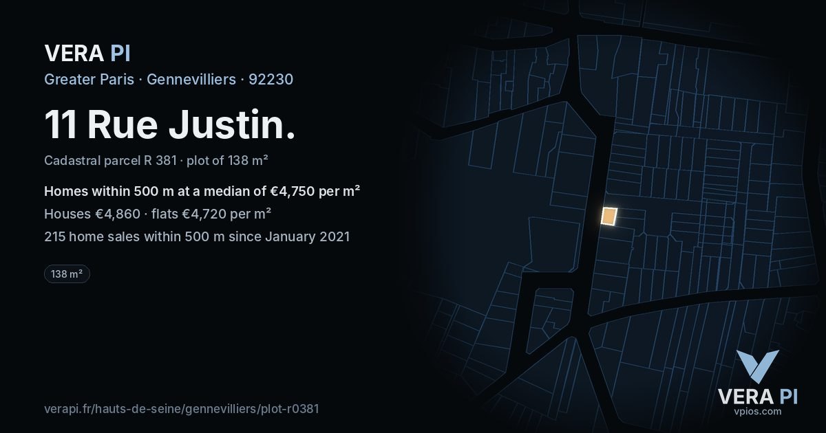 11 Rue Justin, Gennevilliers at night – the plot lit, the parcels around coloured by the prices near them