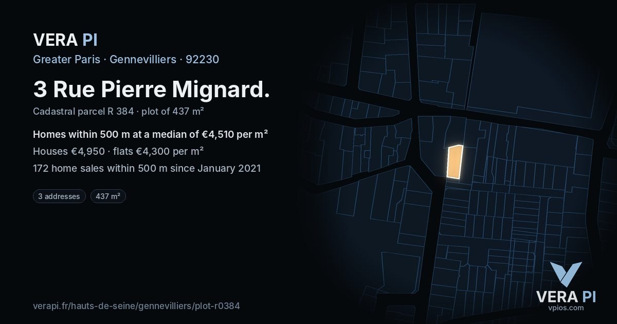 3 Rue Pierre Mignard, Gennevilliers at night – the plot lit, the parcels around coloured by the prices near them