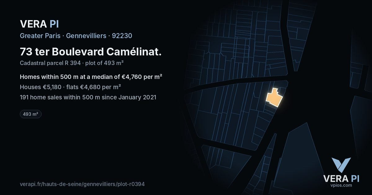 73 ter Boulevard Camélinat, Gennevilliers at night – the plot lit, the parcels around coloured by the prices near them