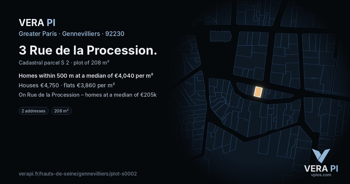 3 Rue de la Procession, Gennevilliers at night – the plot lit, the parcels around coloured by the prices near them