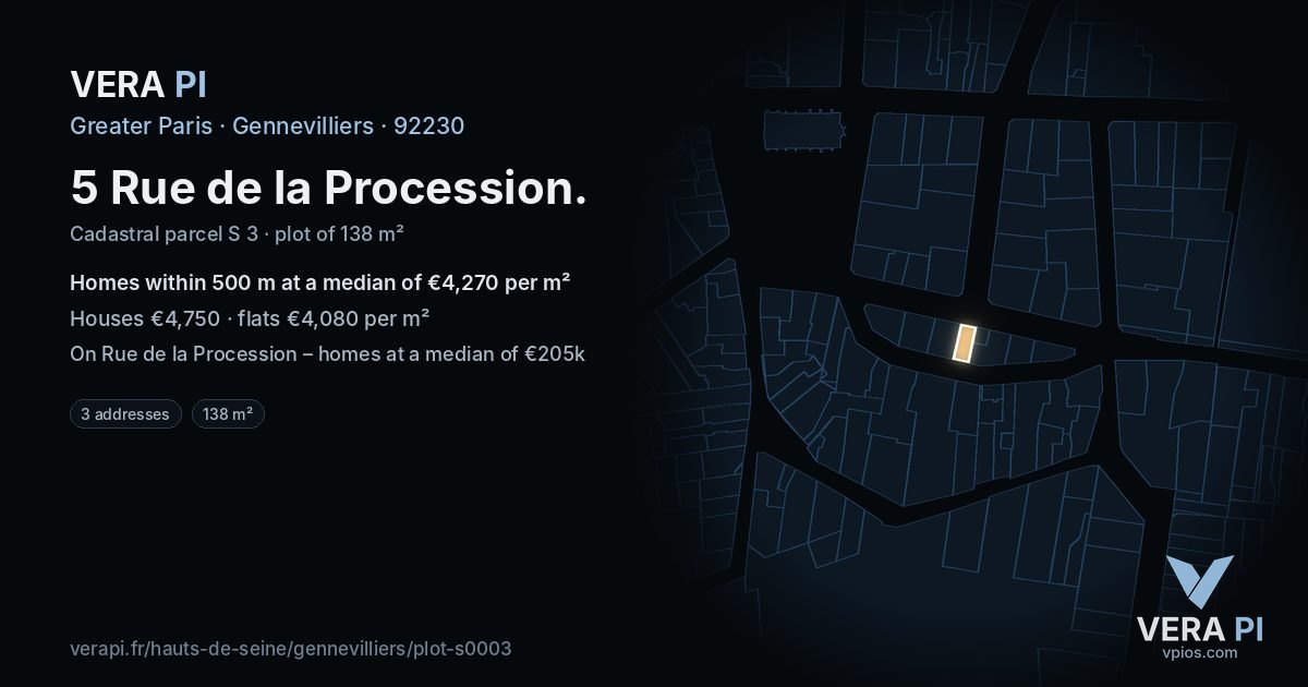 5 Rue de la Procession, Gennevilliers at night – the plot lit, the parcels around coloured by the prices near them