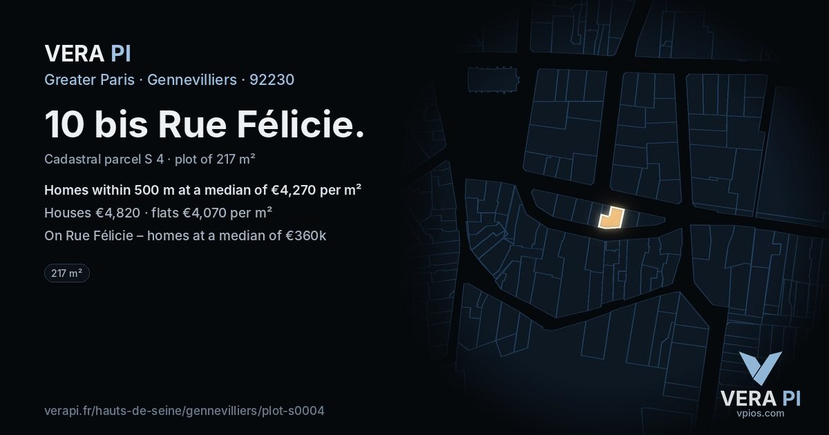 10 bis Rue Félicie, Gennevilliers at night – the plot lit, the parcels around coloured by the prices near them