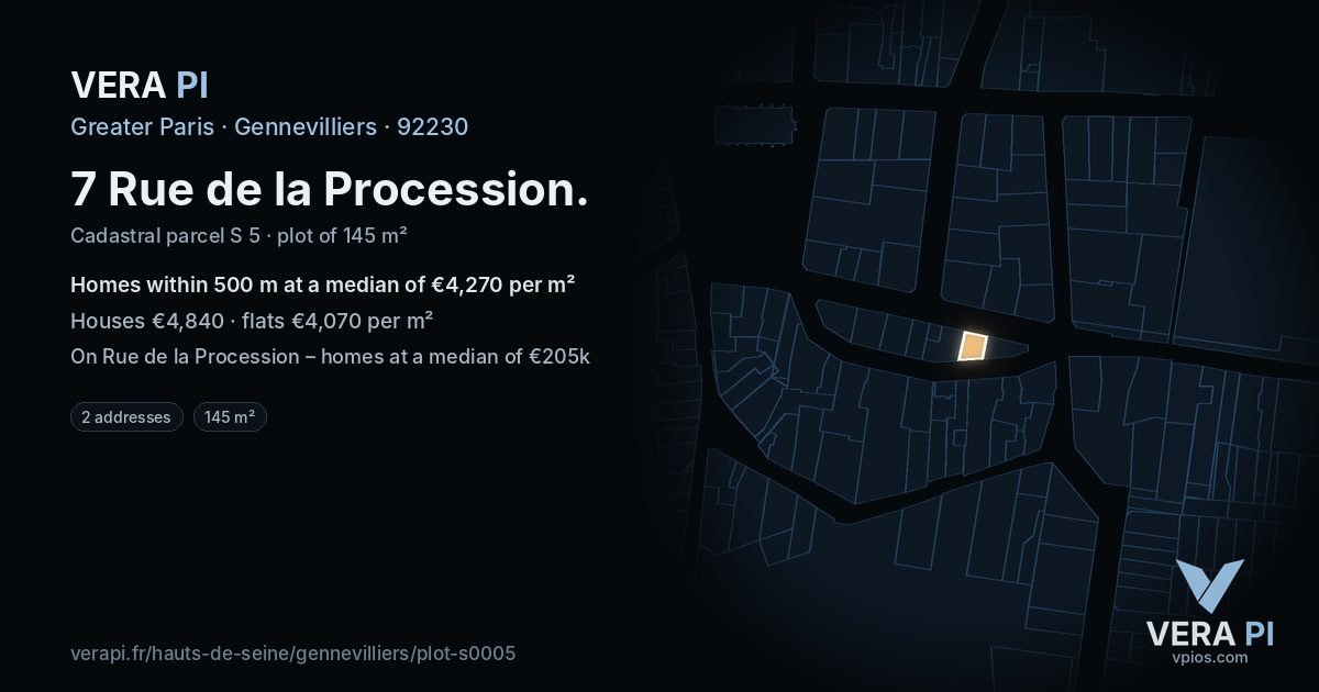 7 Rue de la Procession, Gennevilliers at night – the plot lit, the parcels around coloured by the prices near them