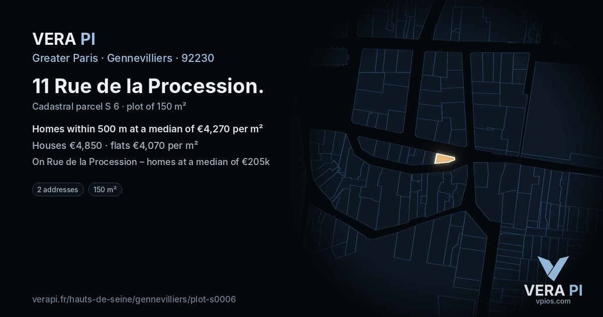 11 Rue de la Procession, Gennevilliers at night – the plot lit, the parcels around coloured by the prices near them