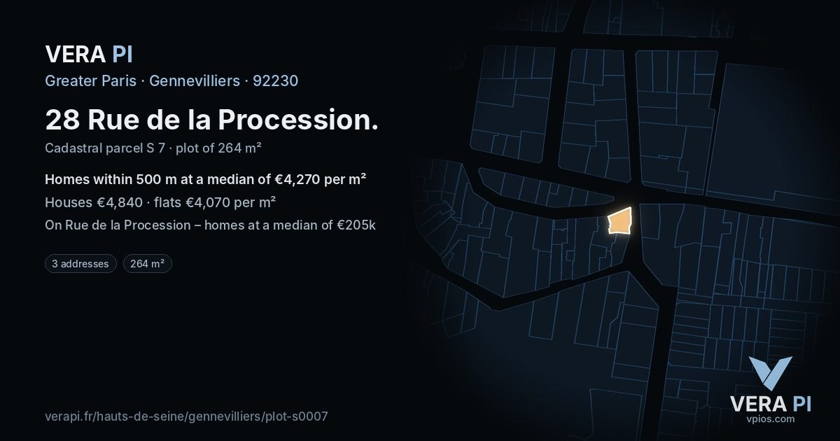 28 Rue de la Procession, Gennevilliers at night – the plot lit, the parcels around coloured by the prices near them