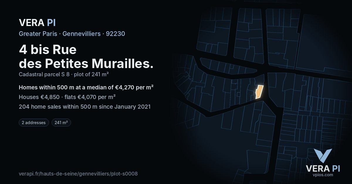 4 bis Rue des Petites Murailles, Gennevilliers at night – the plot lit, the parcels around coloured by the prices near them
