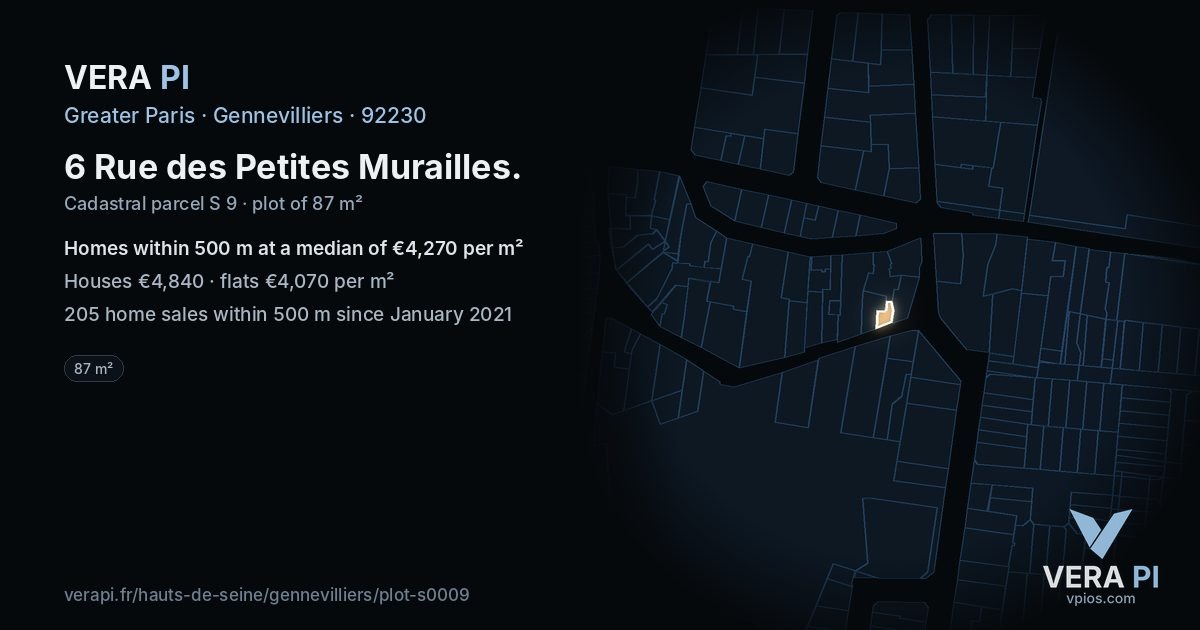 6 Rue des Petites Murailles, Gennevilliers at night – the plot lit, the parcels around coloured by the prices near them