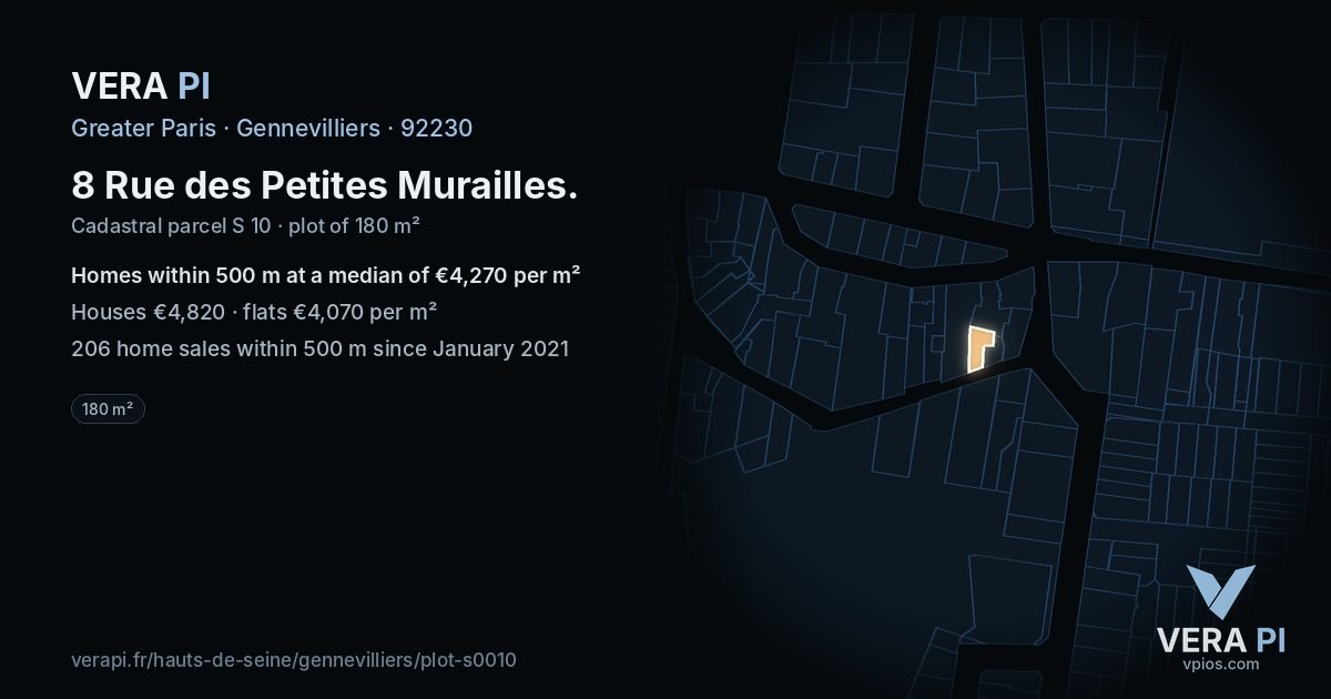 8 Rue des Petites Murailles, Gennevilliers at night – the plot lit, the parcels around coloured by the prices near them