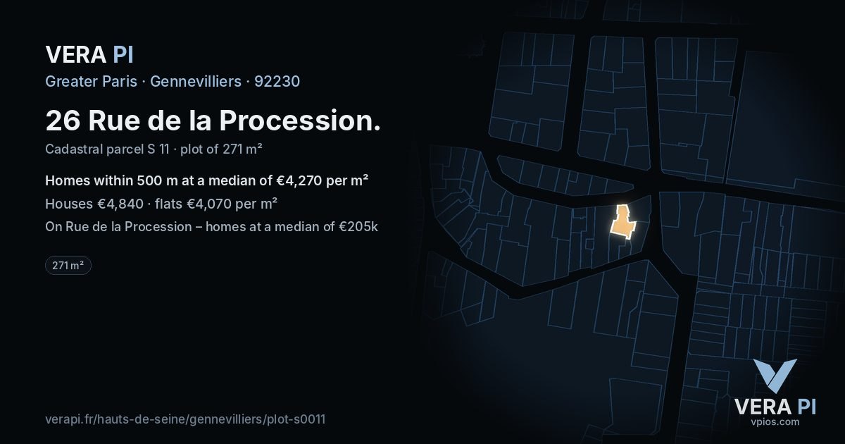 26 Rue de la Procession, Gennevilliers at night – the plot lit, the parcels around coloured by the prices near them