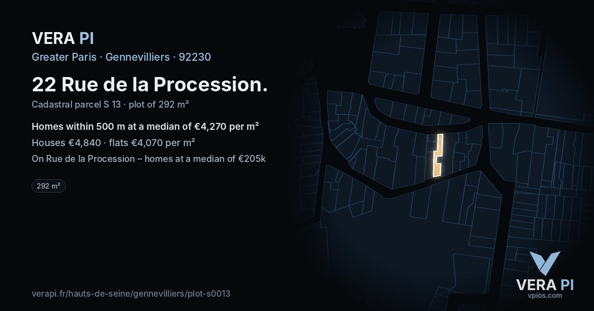 22 Rue de la Procession, Gennevilliers at night – the plot lit, the parcels around coloured by the prices near them