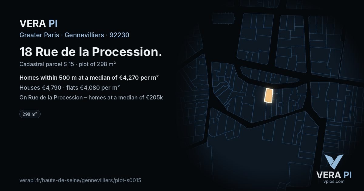 18 Rue de la Procession, Gennevilliers at night – the plot lit, the parcels around coloured by the prices near them
