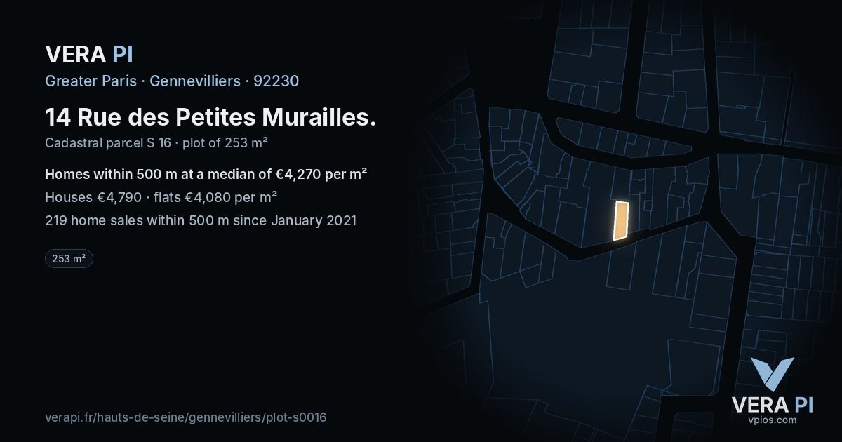 14 Rue des Petites Murailles, Gennevilliers at night – the plot lit, the parcels around coloured by the prices near them