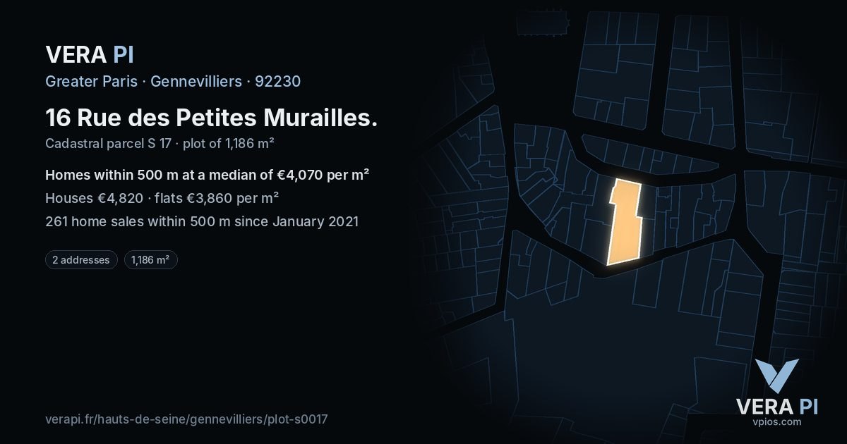 16 Rue des Petites Murailles, Gennevilliers at night – the plot lit, the parcels around coloured by the prices near them