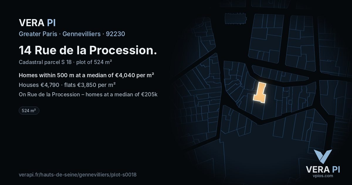 14 Rue de la Procession, Gennevilliers at night – the plot lit, the parcels around coloured by the prices near them