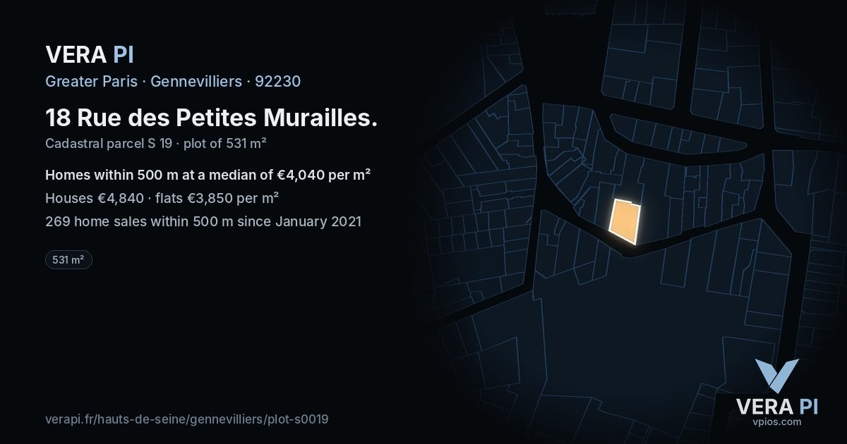 18 Rue des Petites Murailles, Gennevilliers at night – the plot lit, the parcels around coloured by the prices near them