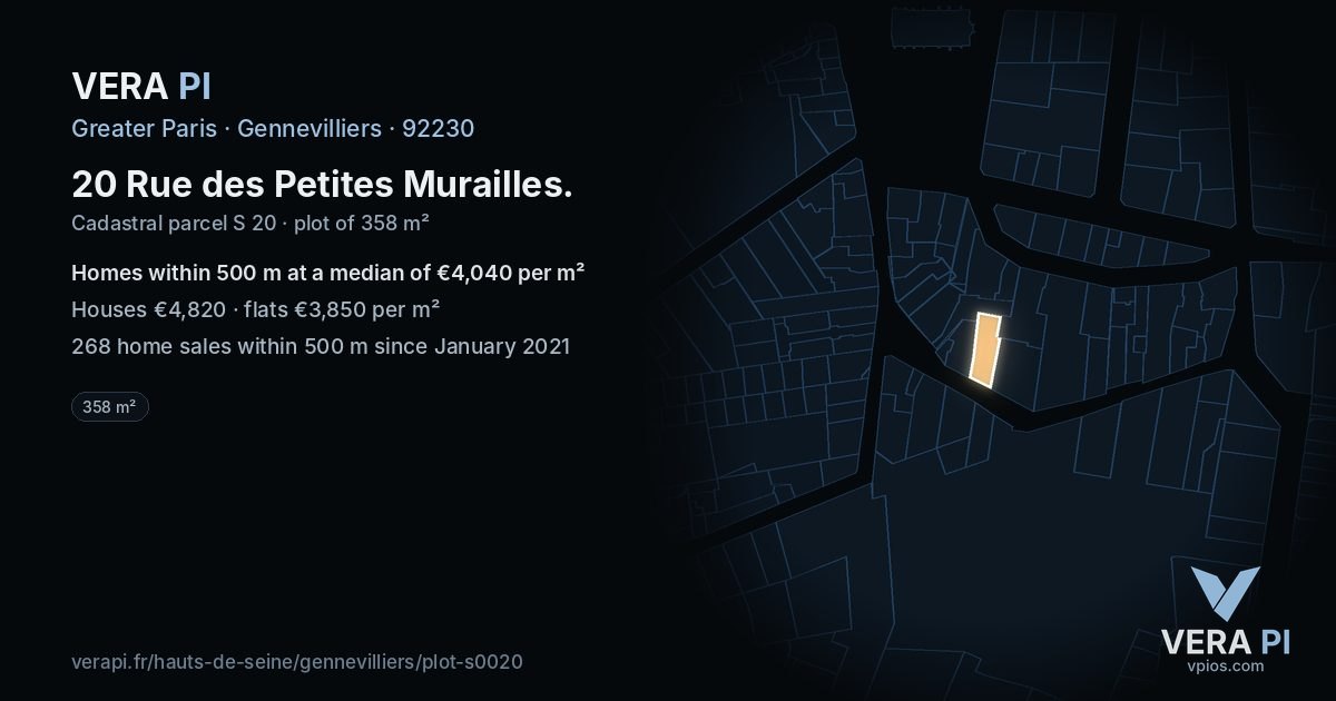 20 Rue des Petites Murailles, Gennevilliers at night – the plot lit, the parcels around coloured by the prices near them