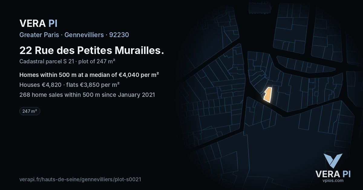 22 Rue des Petites Murailles, Gennevilliers at night – the plot lit, the parcels around coloured by the prices near them