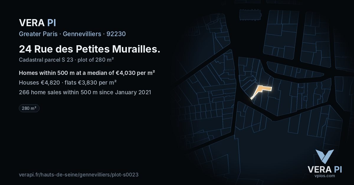 24 Rue des Petites Murailles, Gennevilliers at night – the plot lit, the parcels around coloured by the prices near them