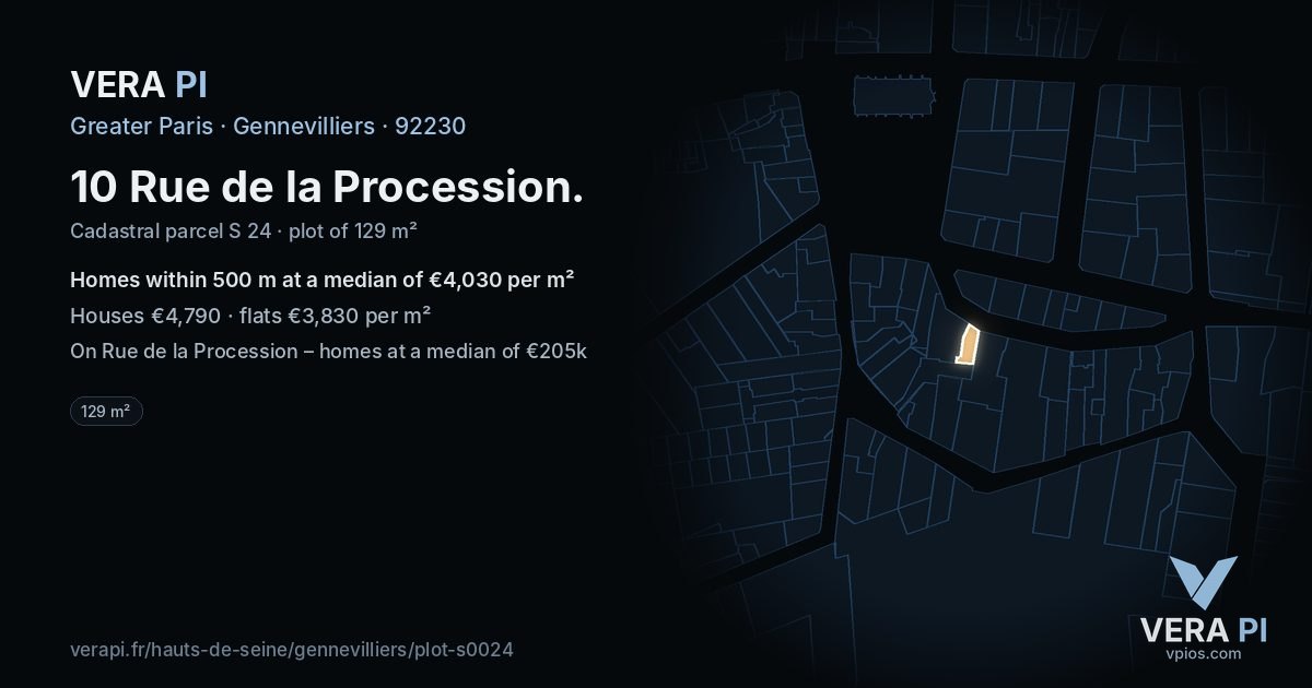 10 Rue de la Procession, Gennevilliers at night – the plot lit, the parcels around coloured by the prices near them