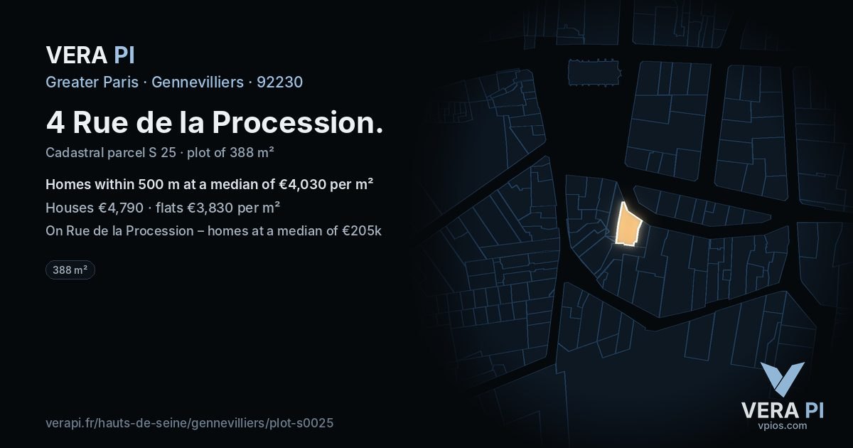4 Rue de la Procession, Gennevilliers at night – the plot lit, the parcels around coloured by the prices near them