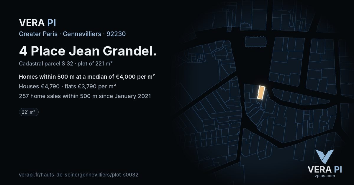 4 Place Jean Grandel, Gennevilliers at night – the plot lit, the parcels around coloured by the prices near them