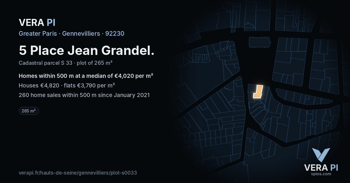 5 Place Jean Grandel, Gennevilliers at night – the plot lit, the parcels around coloured by the prices near them