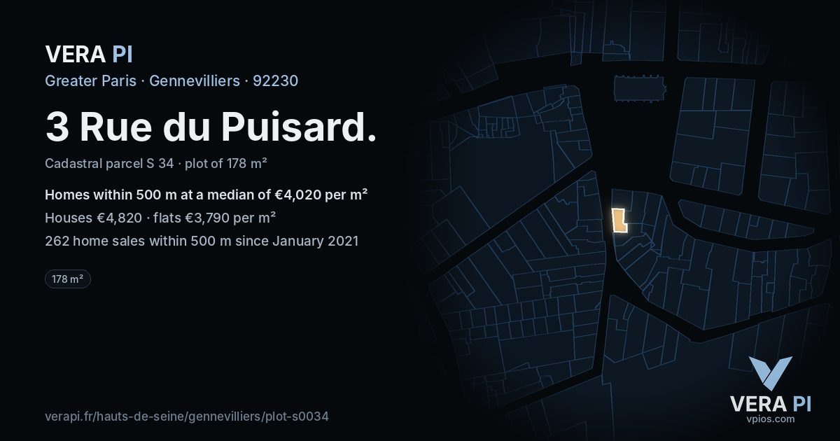 3 Rue du Puisard, Gennevilliers at night – the plot lit, the parcels around coloured by the prices near them