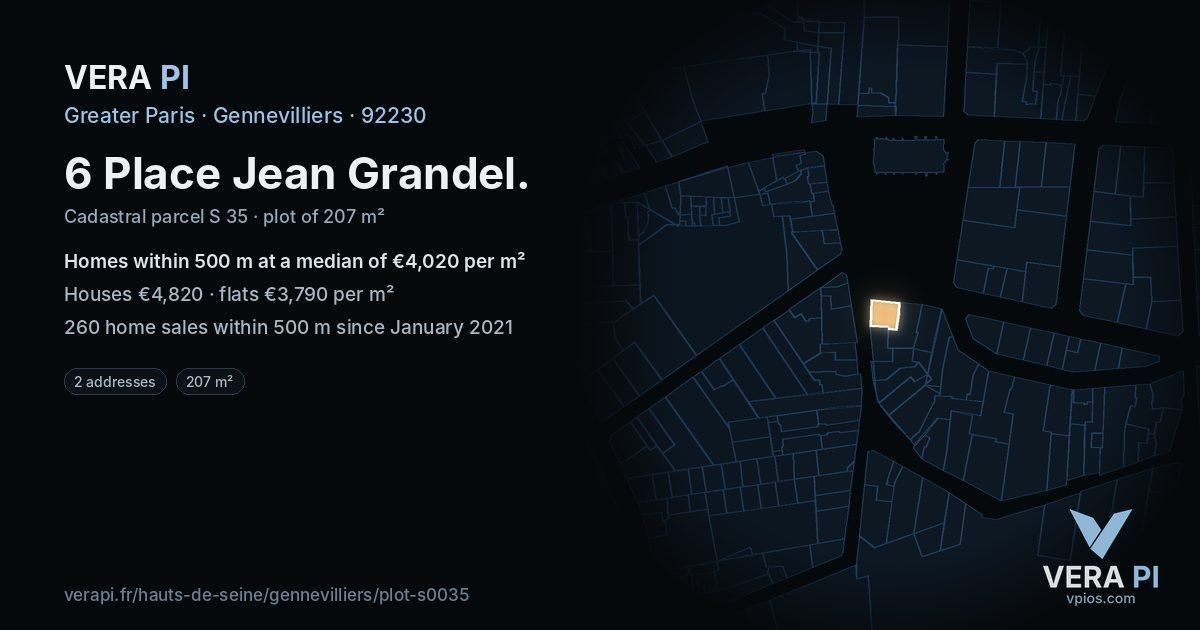 6 Place Jean Grandel, Gennevilliers at night – the plot lit, the parcels around coloured by the prices near them