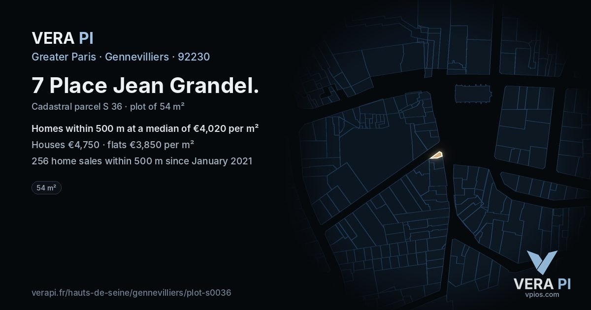 7 Place Jean Grandel, Gennevilliers at night – the plot lit, the parcels around coloured by the prices near them