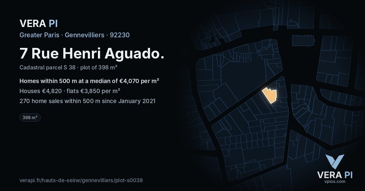 7 Rue Henri Aguado, Gennevilliers at night – the plot lit, the parcels around coloured by the prices near them