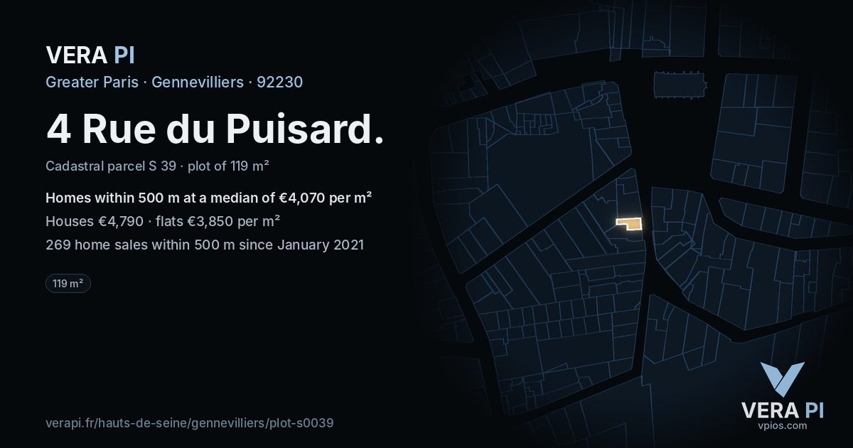 4 Rue du Puisard, Gennevilliers at night – the plot lit, the parcels around coloured by the prices near them