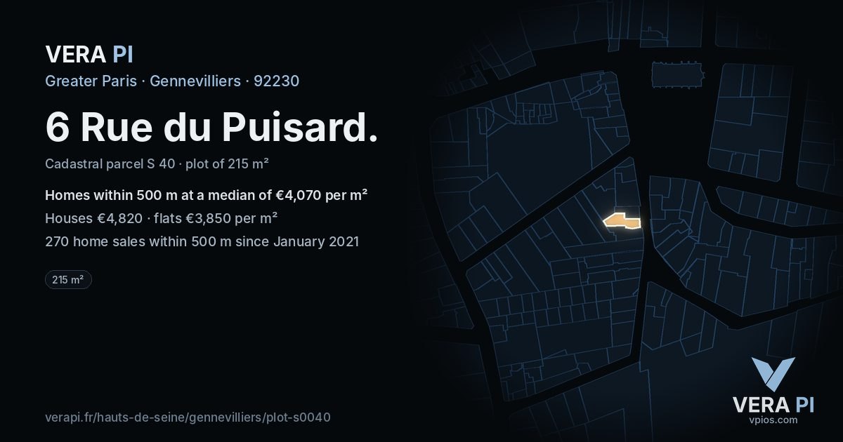 6 Rue du Puisard, Gennevilliers at night – the plot lit, the parcels around coloured by the prices near them