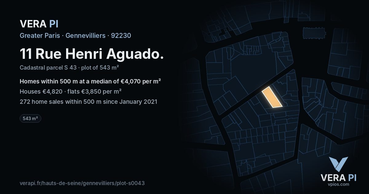 11 Rue Henri Aguado, Gennevilliers at night – the plot lit, the parcels around coloured by the prices near them