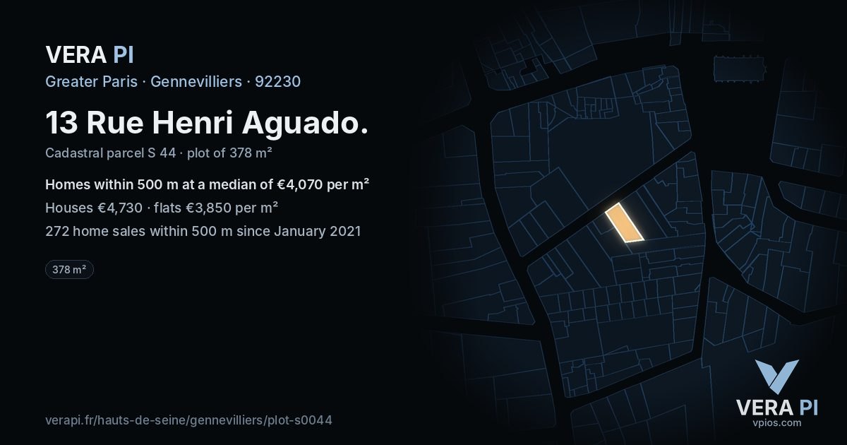 13 Rue Henri Aguado, Gennevilliers at night – the plot lit, the parcels around coloured by the prices near them