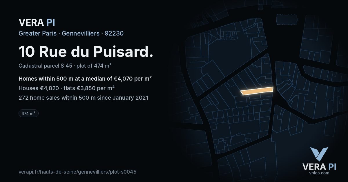 10 Rue du Puisard, Gennevilliers at night – the plot lit, the parcels around coloured by the prices near them