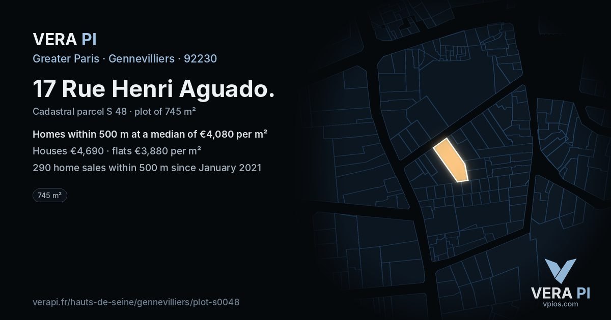 17 Rue Henri Aguado, Gennevilliers at night – the plot lit, the parcels around coloured by the prices near them