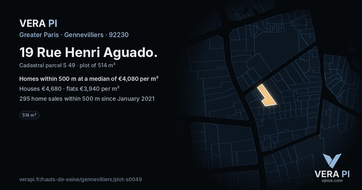 19 Rue Henri Aguado, Gennevilliers at night – the plot lit, the parcels around coloured by the prices near them