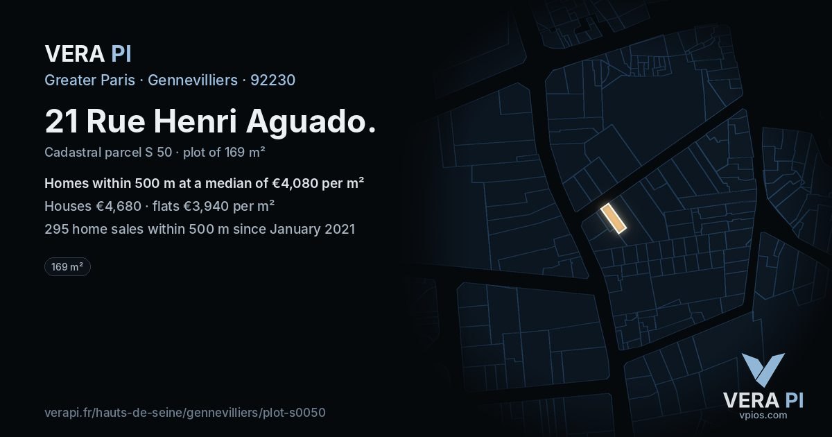 21 Rue Henri Aguado, Gennevilliers at night – the plot lit, the parcels around coloured by the prices near them