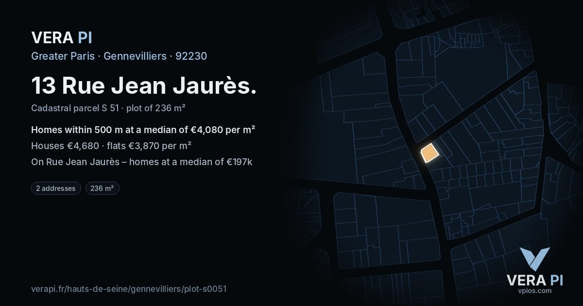 13 Rue Jean Jaurès, Gennevilliers at night – the plot lit, the parcels around coloured by the prices near them