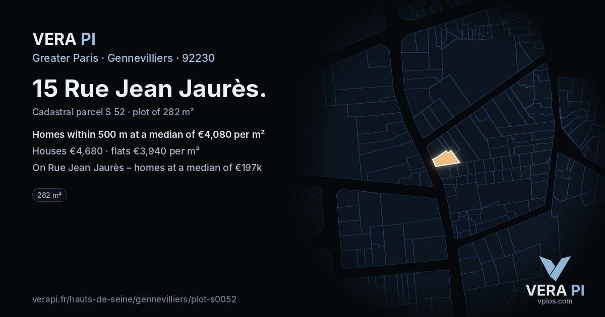 15 Rue Jean Jaurès, Gennevilliers at night – the plot lit, the parcels around coloured by the prices near them